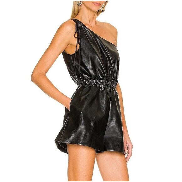 Lovers and Friends Romper Small Black Faux Leather Taina One Shoulder Mini Party - Picture 1 of 8